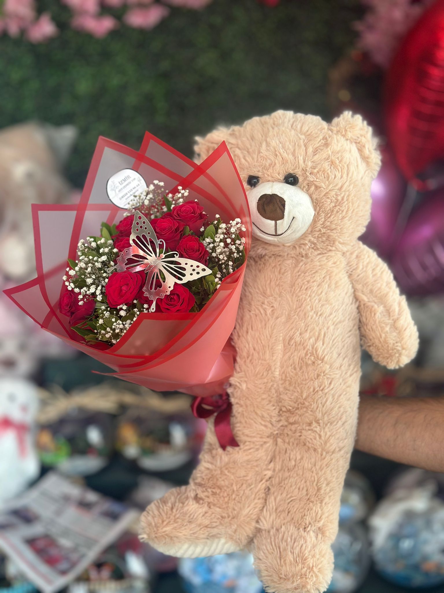 10'lu Kırmızı Gül ve Ayıcık buketi